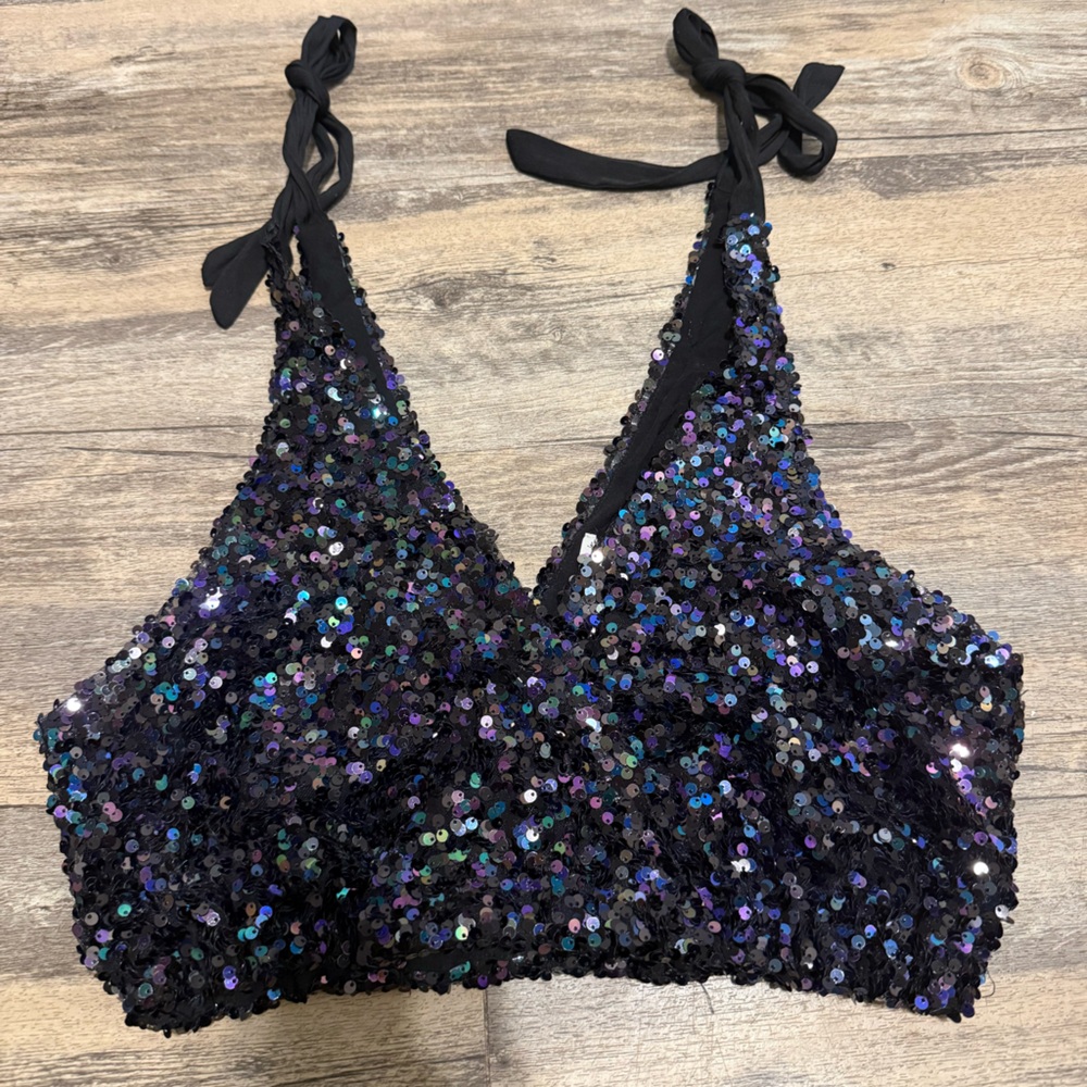 Free People Sequin Tank Top - Black and Blue